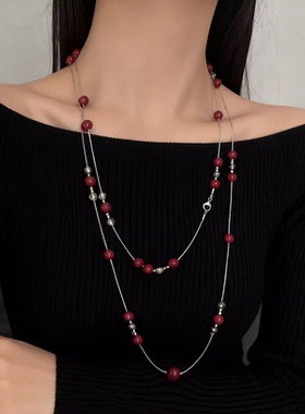 水晶串珠红宝石珍珠长款叠戴项链