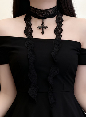 白色蕾丝丝巾十字架吊坠锁骨项链