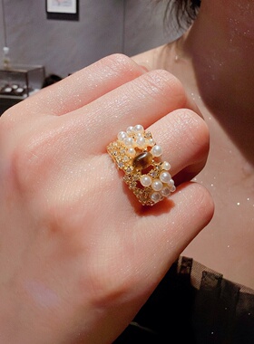 焦糖虎眼珠珠开口戒戒指珍珠轻奢饰品指环气质款金色水钻典雅闪钻