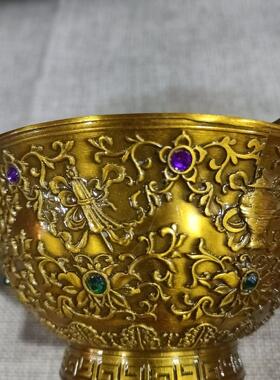 仿古纯铜鎏金宝石碗·茶几茶宠中国西域风家用装饰品摆件
