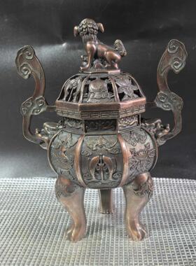 古玩铜器收藏铜摆件象腿如意耳八宝狮盖炉铜熏香炉打磨中式复古