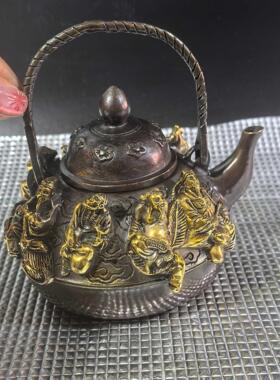 鎏金八仙摆件酒壶茶壶古玩纯铜茶壶浮雕八仙酒壶古代老式铜壶水壶