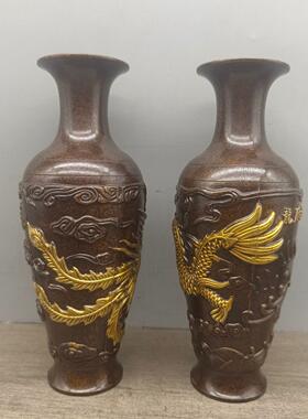 花瓶摆件一对仿古铜摆件龙凤呈祥花瓶古色古香中式婚房卧室