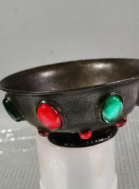 古玩宝石仿古黄铜花纹碗元宝锭镶嵌摆件收藏客厅茶几古风摆件