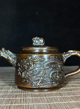 复古纯铜高浮雕龙凤龙头壶嘴貔貅盖螭龙把壶国风客招待茶几摆件