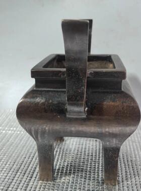 古玩铜器收藏仿古光面大弯耳纯铜方鼎香炉宣德炉家用桌面铜摆件