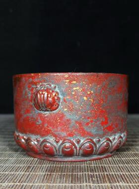 老铜胎手工洒金皮大红袍天鸡耳炉莲花兽耳供香炉仿古客厅装饰品