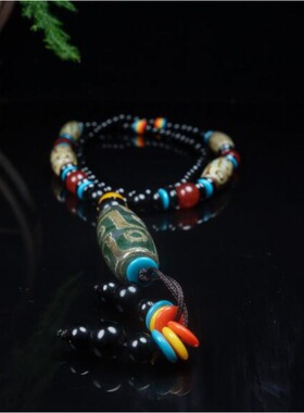 玛瑙玉髓绿色三眼老天珠吊坠民族风男女款文玩饰品