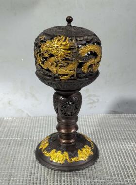 国风复古铜器收藏双龙纯铜鎏金灯笼镂空香炉家用客厅摆件