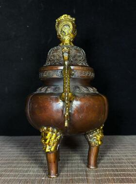 纯铜鎏金龙耳兽足五福缠枝莲纹龙钮盖仿古香炉大型香炉摆件