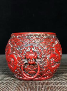 仿古纯铜老铜胎洒金红袍双龙戏珠兽头环海纹缸中式客厅书房笔洗