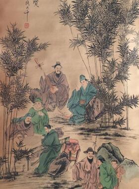张大千《竹林七贤》字画国画古玩山画仿古中堂画名画书房客厅挂画