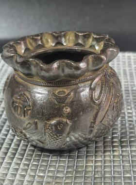 复古纯铜钱袋聚宝盆摆件福袋纯铜存钱罐进宝客厅家居装饰品