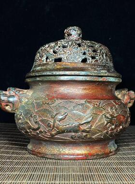 复古做旧纯铜老铜胎泥金狮耳海兽香炉客厅国风供奉家居香炉