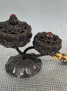 纯铜双莲盘熏炉摆件精工如意香薰炉创意居家客厅净化香炉摆设