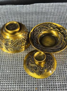 黄铜盖碗茶杯三件套茶碗龙凤工艺品茶具家居摆件