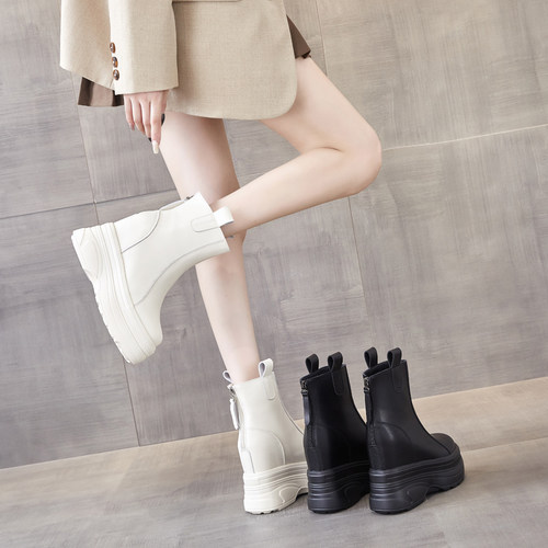 明星真皮12cm内增高马丁靴2024秋冬新款中筒靴加绒小个子厚底短靴 - 图3