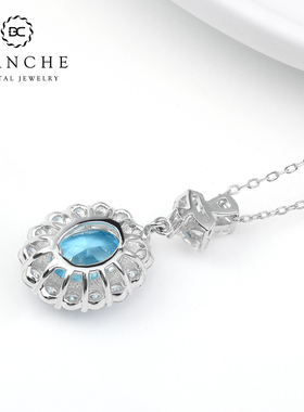 三叶草守护纯银海蓝宝水晶项链女