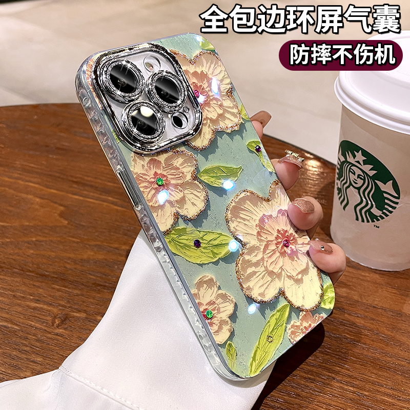 ins风油画点钻花朵适用苹果14promax手机壳新款iphone13保护套闪粉镜头膜ip12全包高级感防摔硅胶套女超火11