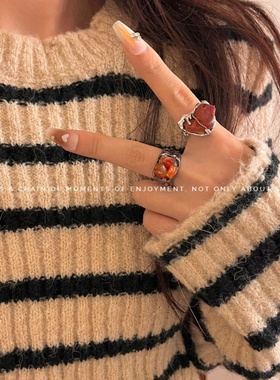 国潮新中式天然琥珀石手工戒指银