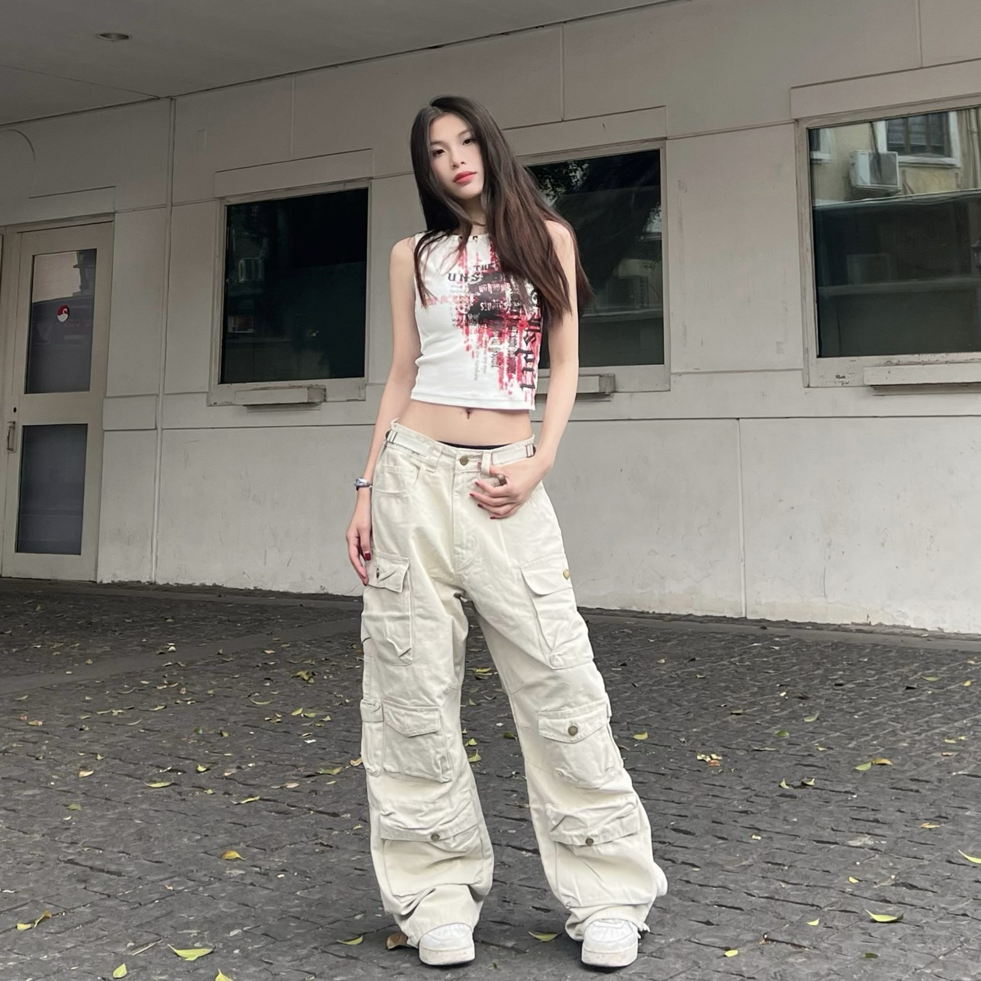 1N1N美式复古水洗做旧工装裤女拖地设计师多口袋辣妹爵士跳舞裤子 - 图0