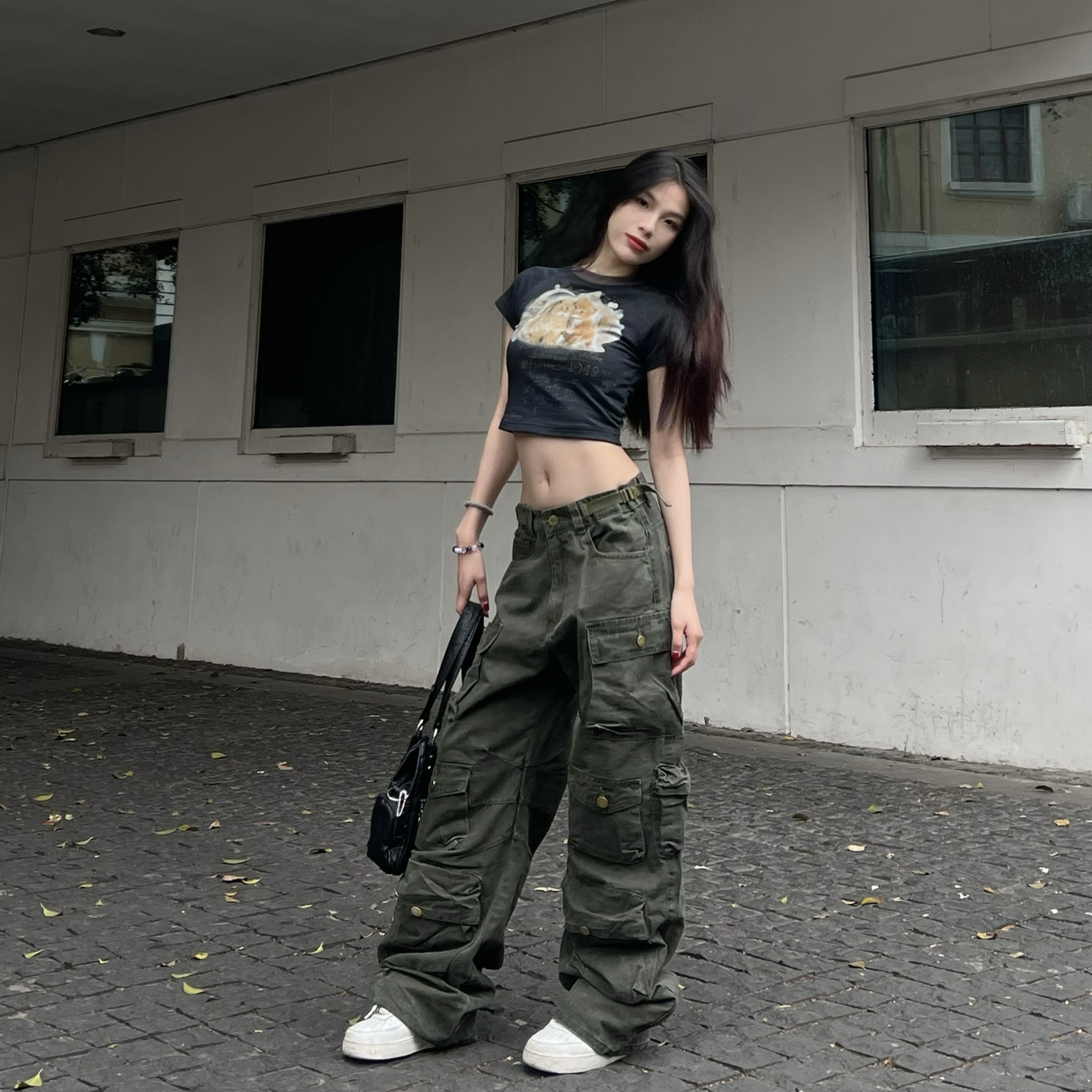 1N1N美式复古水洗做旧工装裤女拖地设计师多口袋辣妹爵士跳舞裤子 - 图1