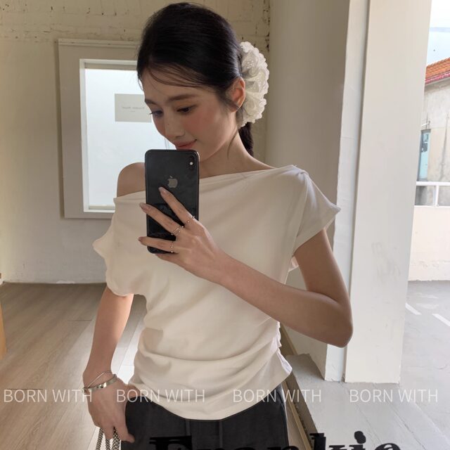 ເສື້ອຍືດບ່າສາຍແຂນສັ້ນ, ຄົນອັບເດດ: ແລະອະເນກປະສົງ, Slimming, ແອວ, cinching summer ເສື້ອທີເຊີດບ່າ slanted ໃຫມ່ສໍາລັບແມ່ຍິງ