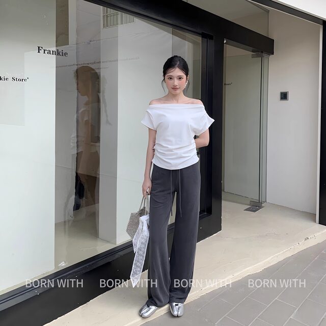 ເສື້ອຍືດບ່າສາຍແຂນສັ້ນ, ຄົນອັບເດດ: ແລະອະເນກປະສົງ, Slimming, ແອວ, cinching summer ເສື້ອທີເຊີດບ່າ slanted ໃຫມ່ສໍາລັບແມ່ຍິງ