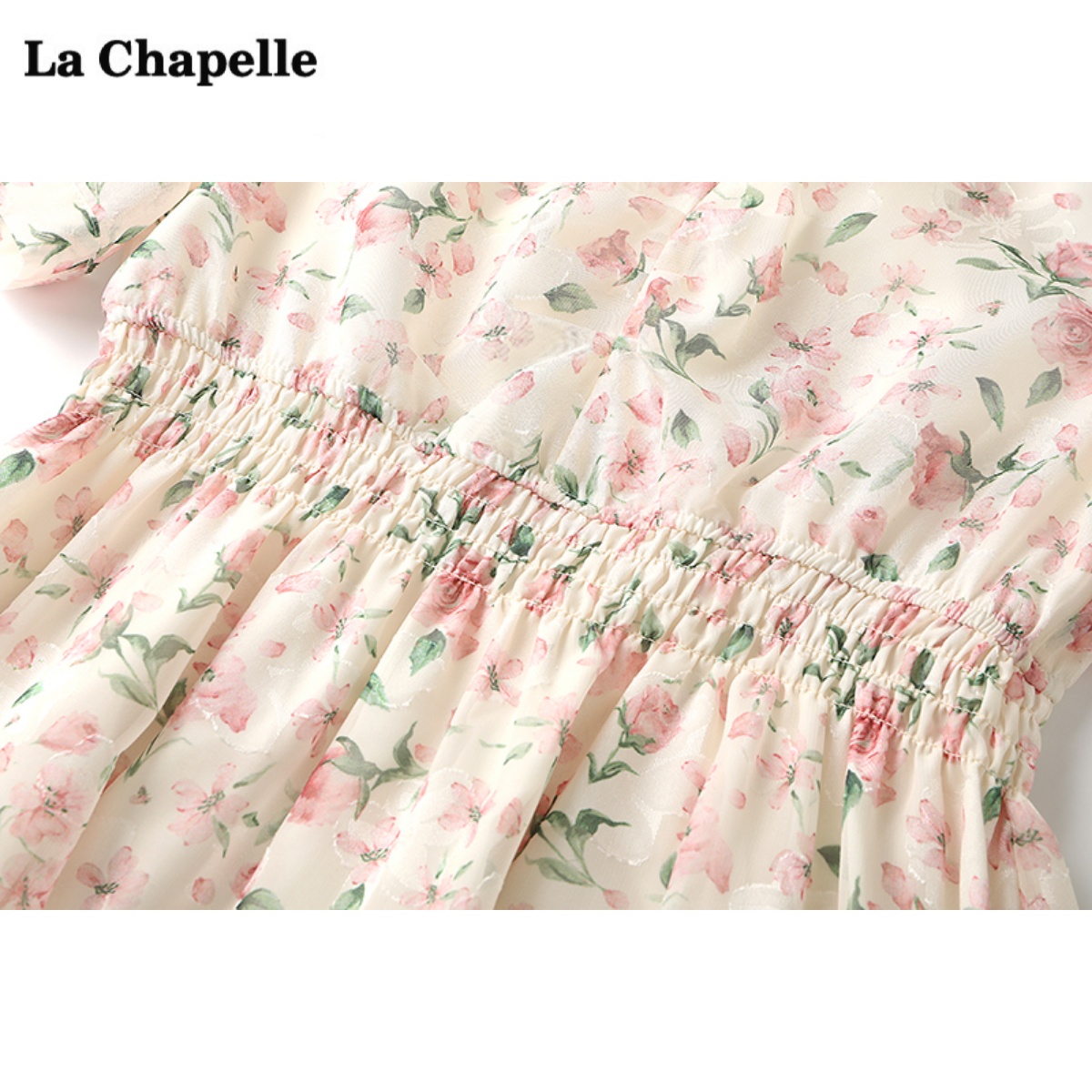 拉夏贝尔/La Chapelle收腰V领碎花连衣裙女夏季气质泡泡袖雪纺裙