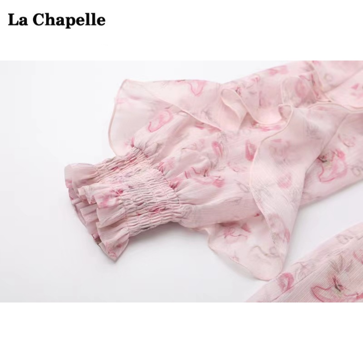 拉夏贝尔/La Chapelle粉色碎花裙长裙春季新款灯笼袖雪纺连衣裙