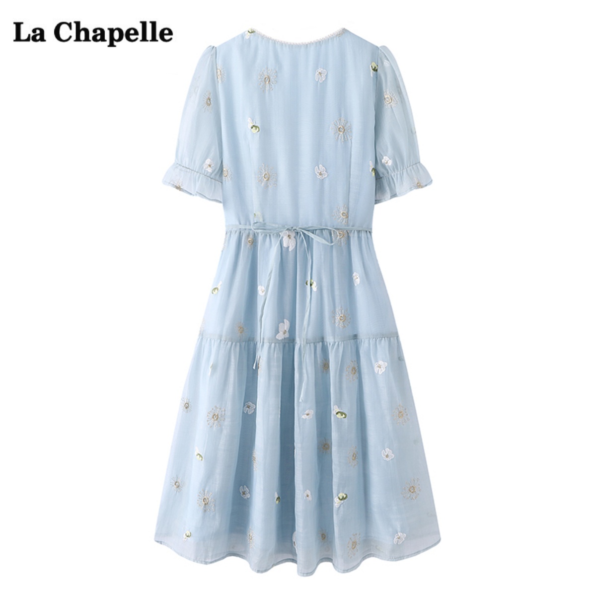 拉夏贝尔/La Chapelle刺绣碎花短袖连衣裙女夏V领收腰中长款裙子