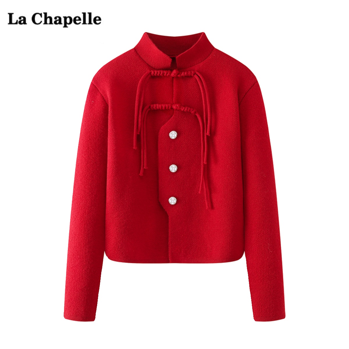 拉夏贝尔/La Chapelle新中式国风红色针织开衫女冬季新款盘扣毛衣-图3