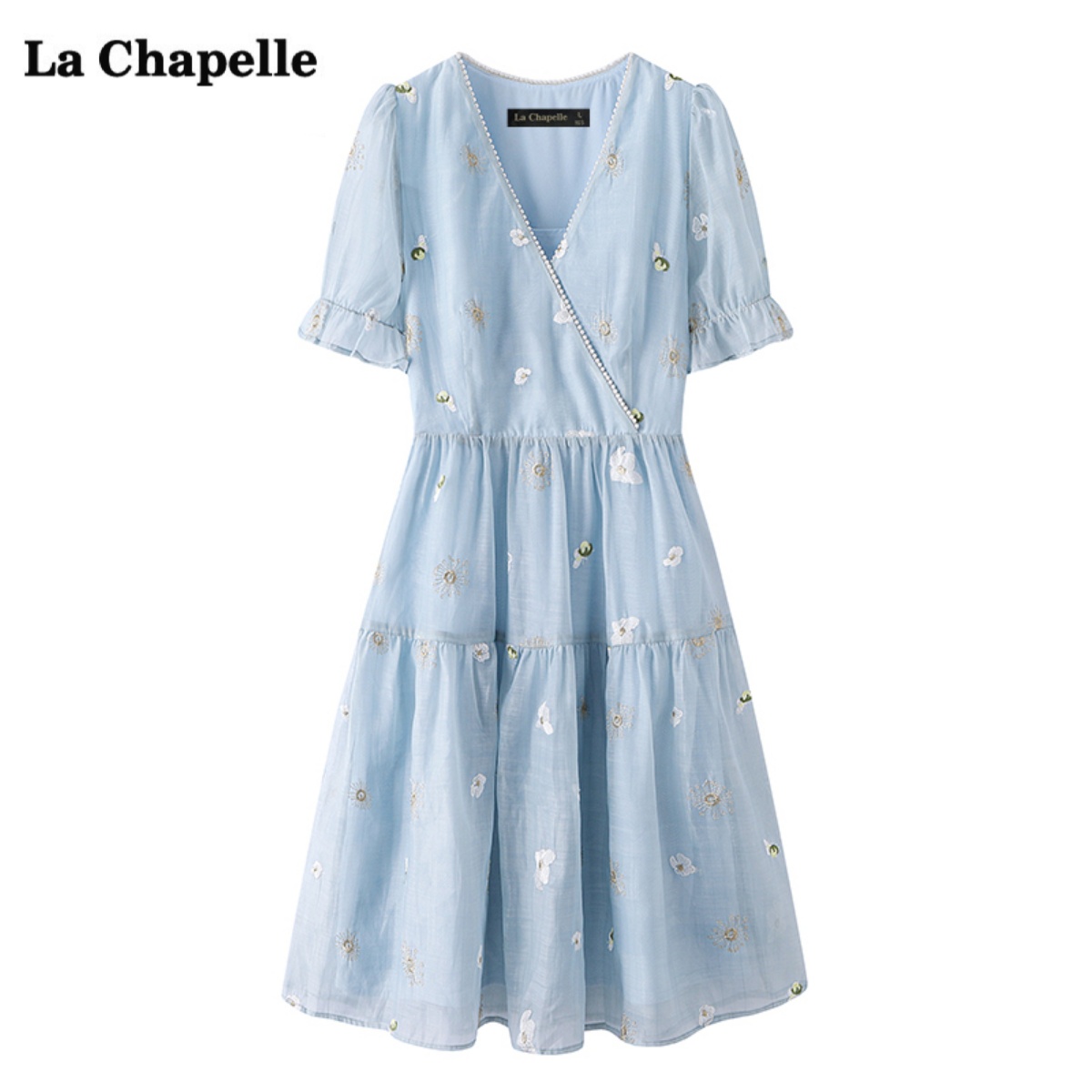 拉夏贝尔/La Chapelle刺绣碎花短袖连衣裙女夏V领收腰中长款裙子