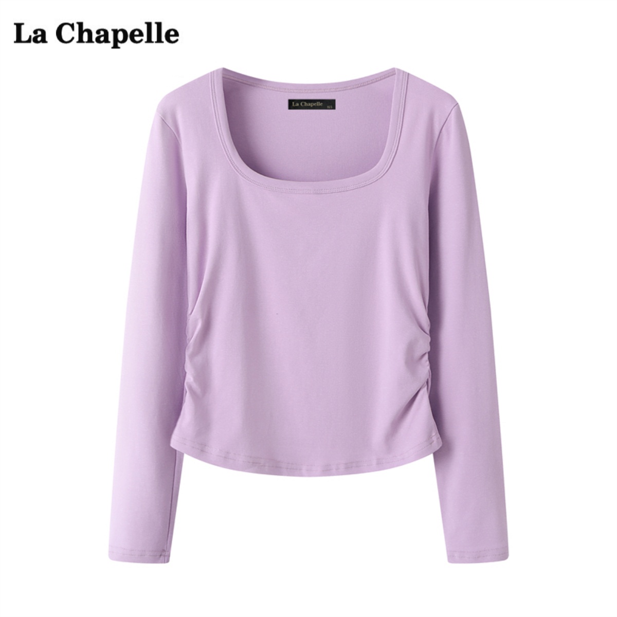 拉夏贝尔/La Chapelle正肩方领长袖t恤女秋季新款褶皱显瘦上衣 - 图1