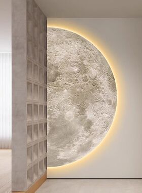 侘寂风玄关装饰画半月球led灯画客厅走廊过道挂画高级感卧室壁画