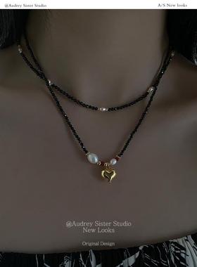 原创设计银饰黑尖金串珠项链