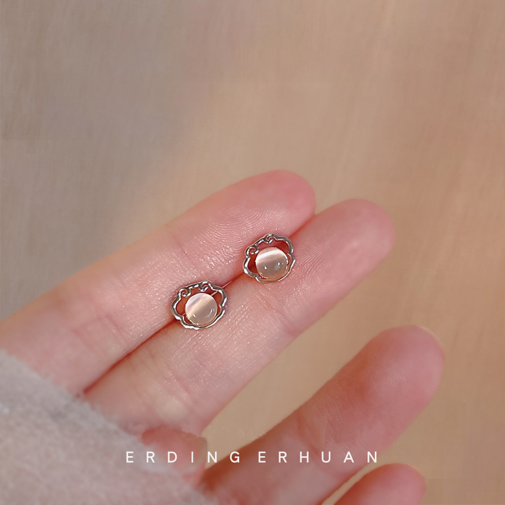 BO丨如意平安长命锁！玻璃猫眼石925银针迷你版玫瑰金耳钉女L785 - 图0