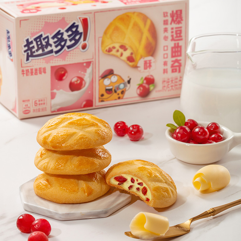 趣多多爆逗曲奇抹茶软糯夹心饼干牛奶蔓越莓爆豆巧克力味休闲零食