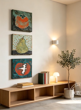 中古风复古水果三联装饰画柿子梨苹果油画日式书吧书房艺术挂画