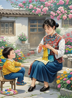 童年记忆妈妈缝补衣服治愈系海报贴画客厅卧室玄关装饰画居家壁画