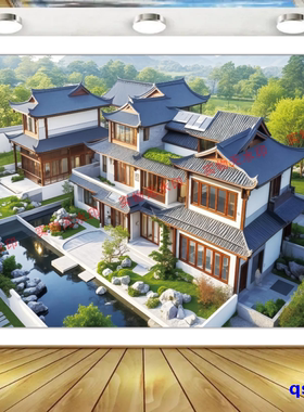 房地产洋房别墅海报制作客厅房间寝室贴画墙画简约欧式别墅景观图