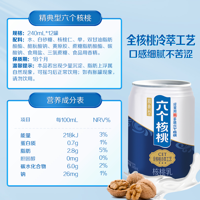 六个核桃旗舰店精典型植物蛋白核桃乳240ml*12罐饮料整箱 - 图3