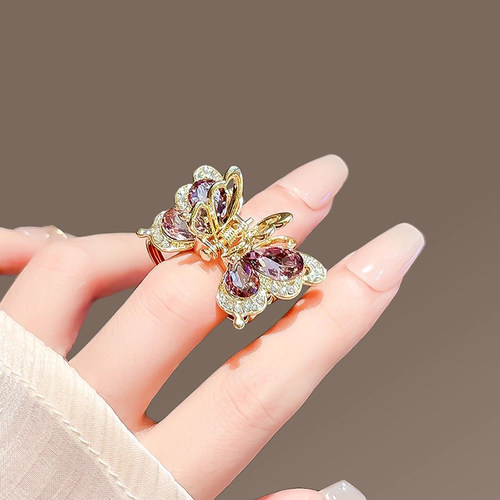 后脑勺半扎发小抓夹顶夹高级感水晶蝴蝶结发夹女精致小号鲨鱼夹子 - 图0
