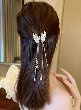 珍珠水钻立体蝴蝶翅膀流苏小抓夹后脑勺半扎发爪夹子鲨鱼夹女发饰