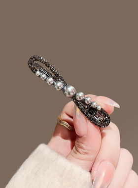 新款气质珍珠发卡女黑色蝴蝶结金属发夹高级感侧边夹刘海夹鸭嘴夹