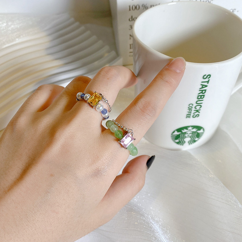 Zircon long chain resin pearl elastic ring sweet girly style personalized joint ring elastic adjustable index finger ring