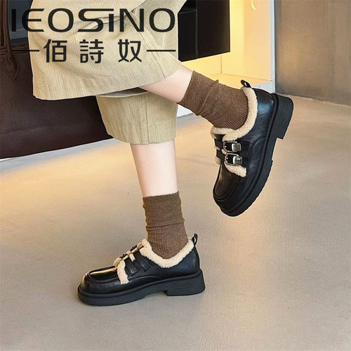 366527812佰诗奴2025新款加绒女百搭皮带扣小皮鞋冬季保暖乐福鞋 - 图1