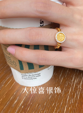 吉象复刻通体925纯银镀金币锁链戒指女小众个性设计高级复古金色