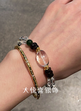 奇楠达拉干沉香小叶紫檀天然白水晶绿幽灵碧玉925银手串