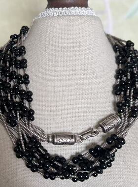 Vintage中古925银黑玛瑙手工米珠串珠复古项链重工质感超好